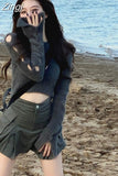 Knitted Long Sleeve Hollow Out Gray O Neck Crop Tops Women Slim High Waist Sweaters Y2K Short Korean Pullover Sueters