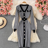 Chic Autumn Knit Dress Women Elegant V-neck Long Sleeve Plaid Pattern Buttons Decoration Skinny Midi Work Party