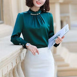 Autumn Office Lady Ruffles Stand Collar Satin Shirt Top Women Elegant Beading Blusa Oversized All-match Pullover