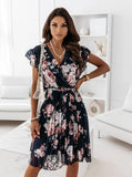 Explosion Summer Lotus Leaf Side Short-Sleeved V-Neck Digital Printed Dress