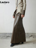 Spring Autumn Color Block Brown Pu Leather Maxi Skirt Women with Back Slit High Waist Long Luxury Designer Clothes