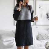 Autumn Winter Round Neck Vintage Patchwork Knitting Dress Women Loose Casual Straight Dresses Robe Femme Vestidos De