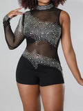 Black see through Rhinestone bodysuit club short jumpsuit women summer backless bodycon party rompers jumpsuits