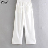 Women Simply Solid Green Color Pockets Casual Straight Pants Female Chic Elastic Waist Lace Up Summer Long Trousers