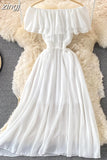 Chiffon Dress Women Sexy Slash Neck Ruffle Robe Elegant Ruffle High Waist Vestidos Female Beach Vacation