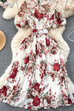 Bohemian Women Floral Print Pleated Midi Dress Elegant Round Neck Puff Sleeve High Waist A-Line Draped Beach Vestidos