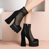 New Super High Heel Fashion Net Boots Women Flock Platform Zipper Ankle Boots Spring Summer Thick Heel Round Toe