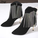 Light Luxury Fringed Rhinestone Ankle Boots Women's Stiletto High Heels Women's Side Zipper Pointed Toe Evening