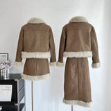 Fashion Faux Fur 2 Piece Skirt Set Women 2023 Winter Elegant Chic Jacket Coats Skirts Sweet Casual Female Clothing