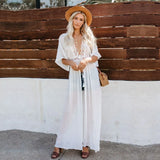 Sexy Hollow Out White Summer Dress Beach Tunic Women Beachwear Long Sleeve Front Open Self Belted Maxi Dresses