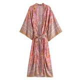 Queens Women Pink Floral Print Beach Bohemian Kimono Ladies V Neck Batwing Sleeves Maxi Robe Summer Boho Bikini