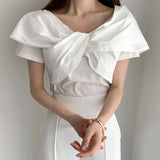 Zingj Chic Summer Simple Elegant V Neck Kink Design Sense Pure Color Slim Thin Fly Sleeve T-Shirt Jacket Women-Outfit