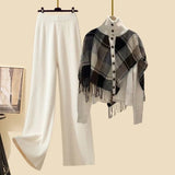 Knitted Two Pieces Sets Womens Outfits Office Ladies Elegant Vintage Plaid Patchwork Sweater Cardigan+ Wide Leg Pant