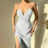 Women's Tight Spaghetti Strap Shiny Split Midi Party Dresses Solid 2022 Summer V-neck Tunics Female Evening Cocktail