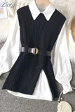 lantern sleeve shirt women knitted vest 2 two piece set 2023 spring autumn womens Shirts sets Sleeveless Sweater
