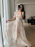 Fashion French Retro A-Line Fairy Party Dress Female Floral Square Neck Lantern Sleeves High Waist Pleated Vest