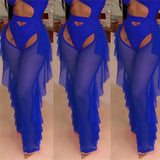 Sexy Women High Waist See Through Flared Leg Mesh Pants Bikini Cover Ups Ruffles Hollow Out Beach Long Pants