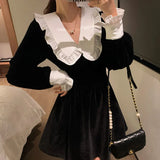 Korean Long Sleeve Mini Dress Women Spring Vintage Slim Vestidos Sweet Female Ruffles Peter Pan Collar Black Velvet