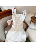 White Dress Summer Elegant Vintage Kawaii Sleeveless Midi Dress Sexy Flower Print Square Collar Sundress Party