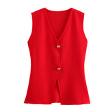 Women's Clothing 2025 Summer Solid Color Repair Gold Button Knitted Vest