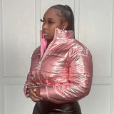 Thick Bubble Coat Reflective Women Zipper Fly Turtleneck Crop Jacket 2022 Winter Puff Windbreaker Silver Parkas