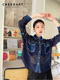 Denim Patchwork Mesh Long Sleeve Button Up Shirt For Women See Through Fashion Designer Top Blue Collared