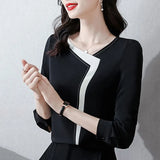 Autumn Black Patchwork Elegant Fashion Simple Chiffon Shirt Office Lady Long Sleeve All-match Pullover Blouse Femme