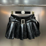 2022 Winter New Arrival High Waist Diamonds Buckle Belt Black Pu Short Pleated Skirt Women
