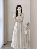 Beaded Ruffle Sweet Fairy Apricot Elegant Dress Summer Trend Square Neck Short Sleeve High Waist Slim Womens