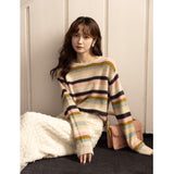 Women's Stripe Multicolour Sweaters 2022 Autumn Winter Loose O Neck Sweet Female Warm Knitted Tops Office Lady