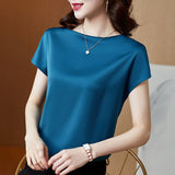 Lady Tops Summer Short Sleeve Blouses Satin Blouse Women Shirts Fashion Simple Solid Plus Size Loose Shirt Blusas