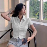 White Basic Shirts Women Preppy Style Short Sleeve Slim Blouses Student Korean Office Lady Sexy Crop Tops Work
