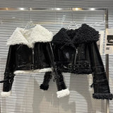2022 Winter Bright Pu Buckle Belt Lambswool Sailor Turn Down Collar Leather Fur Jacket Women Coat