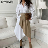 Stylish Women Turn-down Collar Irregular Shirt Dress Elegant Long Sleeve Female Pleated Dress 2021 Spring 2