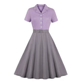 Women Vintage Pinup Dresses 50s Yellow Patchwork Turn Down Collar Button Sundress Elegant Rockabilly Party Swing