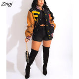 Autumn Patchwork Black Baseball Jackets For Women 2022 Print Long Sleeve Button Up Coats Female Bomber Varsity