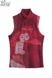 Dye Mesh High Neck Hand Painted Printed Women Top 2023 Summer Fashion Sleeveless Slim T Shirt Lady Holiday Beach Style