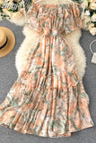 Floral Chiffon Midi Dress Women Sexy Slash Neck Ruffle Short Sleeve A-line Printed Vacation Beach Vestidos Robe
