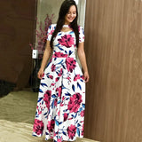 Summer New Elegant Women's Maxi Dress Bohmia Casual Flower Print Robe Fashion Hollow Out Ladies Short Sleeve Dress