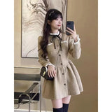 Vintage Sweet A Line Mini Dress Women Preppy Bow Ruffles One Piece Dresses Korean Elegant Single Breasted Slim