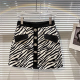 2022 Summer New Design Single Breasted Buttons Rhinestone Black White Plaid Short Mini Skirt Women