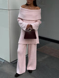 Selling A Word Shoulder Knitted Commuting Set Loose Top Broad Leg Trousers Simple High-Grade Gray Workplace