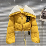 2022 Winter Long Sleeve Lambswool Sailor Collar Short White Duck Down Coat Women Drawstring Jacket
