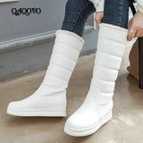 Mid-Calf Boots Women Flat Heel Knee High Boots Winter Plus Warm Snow Boots Slip On Ladies Shoes White Black