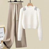 Fall Winter Knitwear Two Piece Sets For Women Outfits Ladies Elegant Diamond Sequined Knitted Sweater And Warm Pants