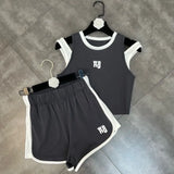 2022 Summer Sleeveless O Neck Print Letters Fake Two Piece Vest Tank Top High Waist Shorts Two Piece Set Outfits