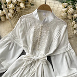 Spring New Women Vintage Elegant Beading White Dress Ladies Mandarin Collar Lantern Sleeve A-line Slim Solid