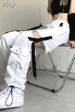 High Waist Ankle Length Pants Women Bandage Loose Techwear Straight Removable Pantalons Pockets Wide Leg Hip Hop