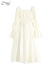 Autumn New Women's Dress French Vintage Sweet Style Hollow-Out Bow Lace-Up Square Collar Puff Sleeve Ladies Long
