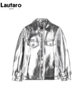 Spring Autumn Cool Silver Shiny Patent Faux Leather Jacket Women with Raglan Long Sleeve Luxury Designer Y2K